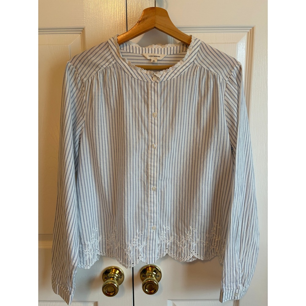 Lucky Brand Blue White Striped Eyelet Scallop Hem Lace Collar Blouse Medium